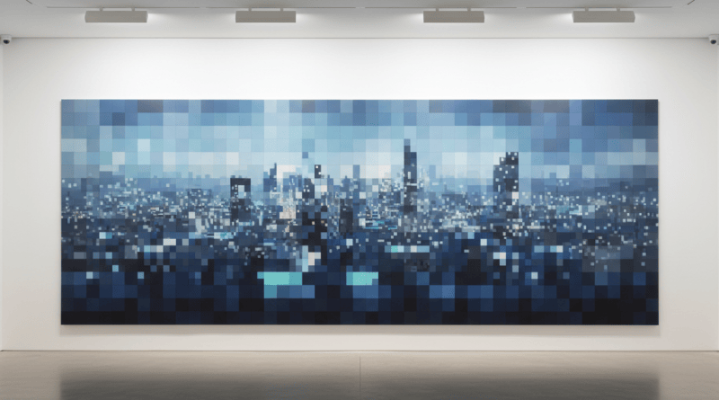 Pixelated large-format photograph in a gallery