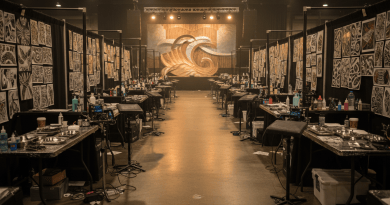 An empty tattoo convention hall with booths, ink bottles, and flash sheets under warm stage light.