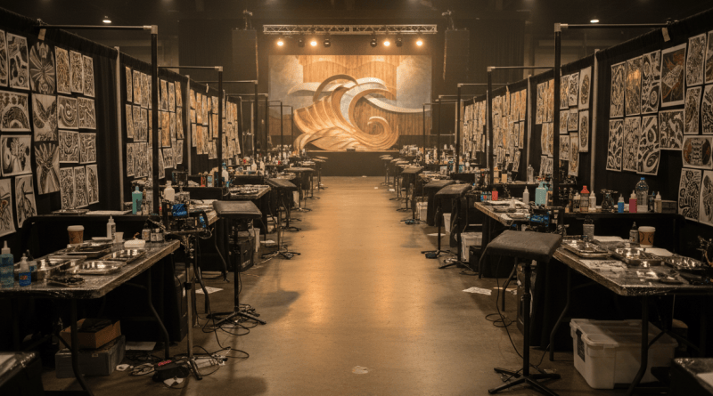 An empty tattoo convention hall with booths, ink bottles, and flash sheets under warm stage light.