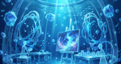 Anime underwater blue geometric painting forms