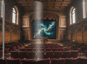 Landscape interior of a Victorian museum lecture theatre with abstract digital projections, no people or text
