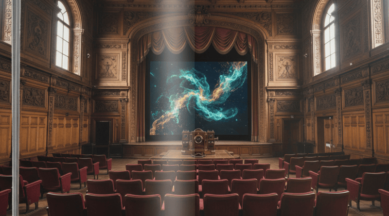 Landscape interior of a Victorian museum lecture theatre with abstract digital projections, no people or text