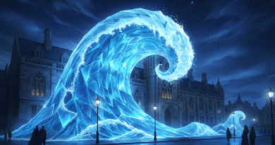 Fantasy night view of a historic library facade washed by a monumental blue wave installation, dramatic museum lighting, no text no logos no faces
