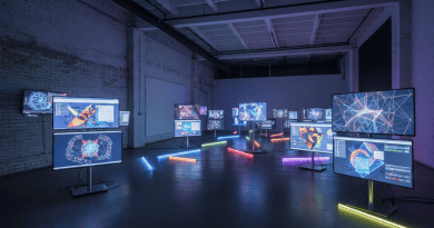 A dim loft gallery of glowing monitors showing abstract geometric net art without readable text.