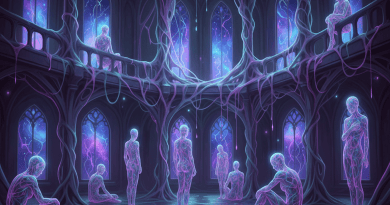 Fantasy gallery scene exploring AI and the human form