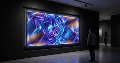 Luminous generative artwork in a dark gallery