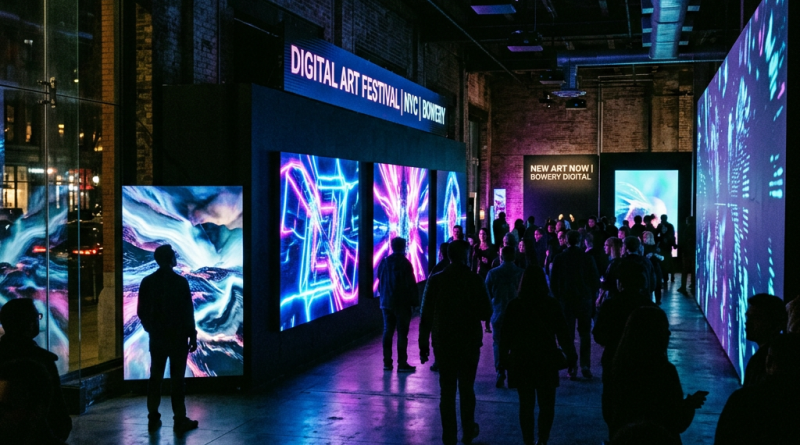 Visitors viewing colorful digital art installations at a New York City festival