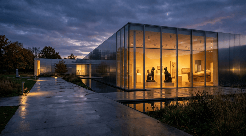 Modern glass museum illuminated at dusk beside a wet pathway