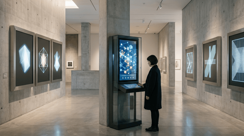 Visitor using an interactive display among geometric digital artworks in a gallery