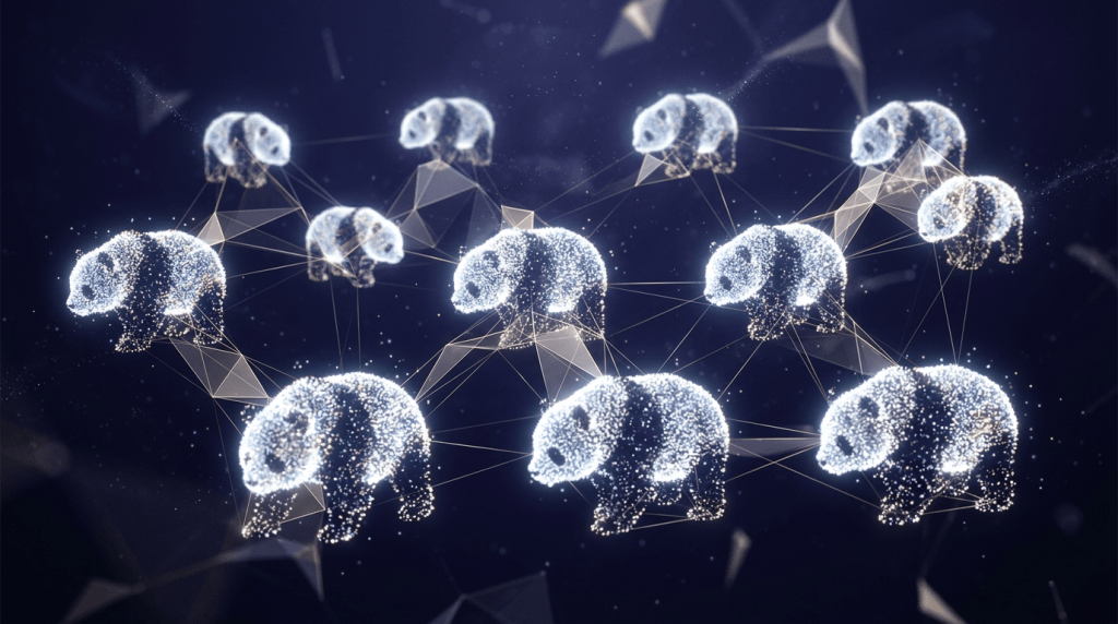 Glowing polar bears connected by geometric lines in a network