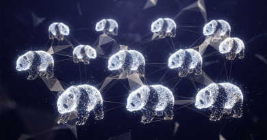 Glowing polar bears connected by geometric lines in a network