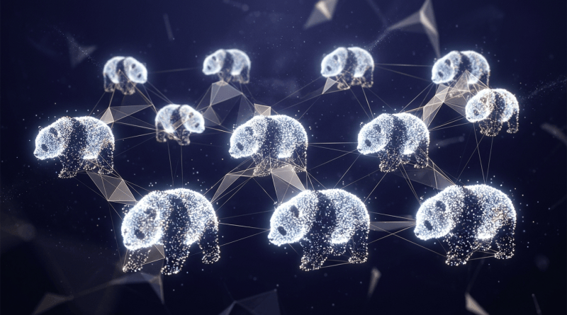 Glowing polar bears connected by geometric lines in a network