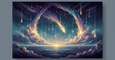 Luminous night seascape with falling stars and vaporous color