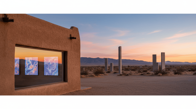 Landscape West Texas desert town with a small gallery and golden late light, no people