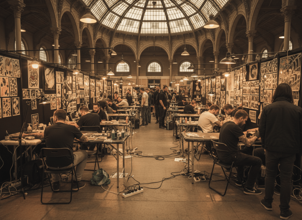 Indoor tattoo convention hall with booths, ink, and warm expo lighting.