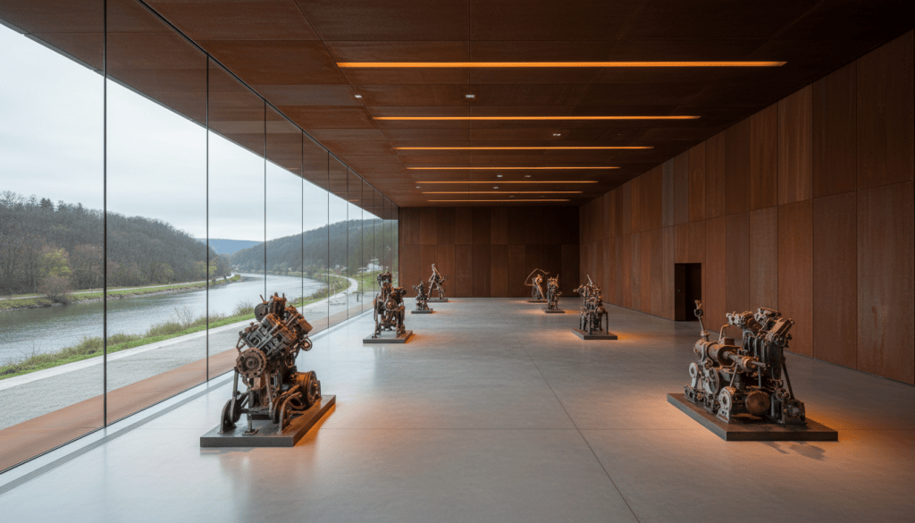 Empty contemporary gallery with rust-colored steel architecture and abstract industrial sculptures