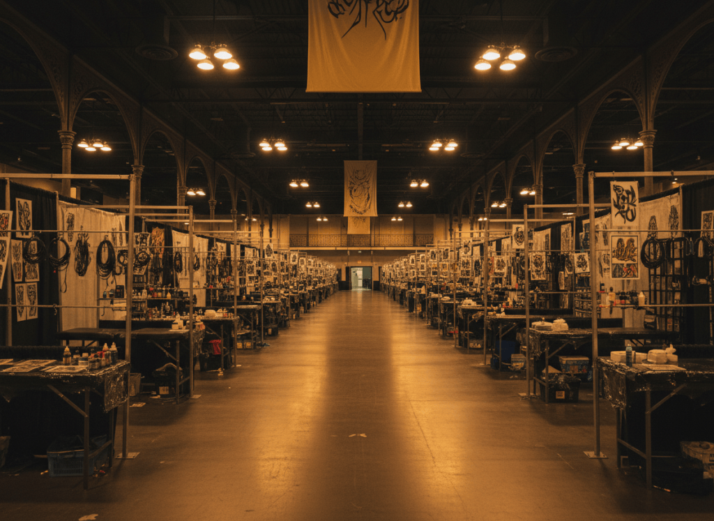 Empty convention-center tattoo booths at closing hour under warm industrial lights.