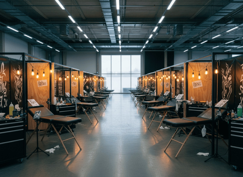 Empty indoor tattoo convention hall with ink bottles, machines, and booth lamps