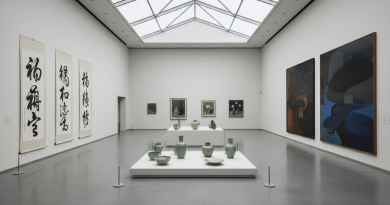Landscape museum gallery with Korean ceramics, ink painting, and muted abstract canvases under cool museum light, empty of people