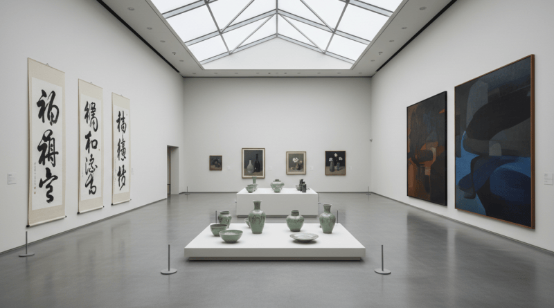 Landscape museum gallery with Korean ceramics, ink painting, and muted abstract canvases under cool museum light, empty of people