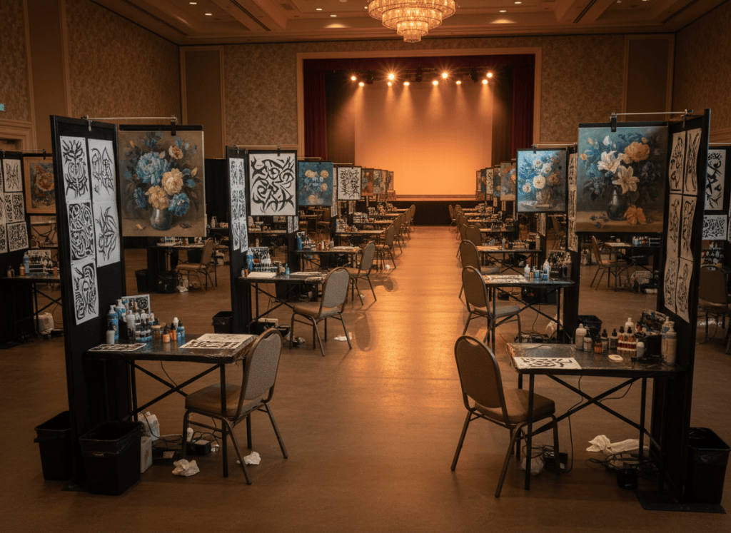 Hotel ballroom tattoo convention floor with booths and warm stage light