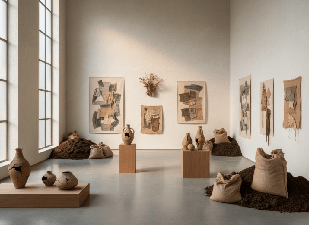 Empty museum gallery with earth-toned studio works, charcoal drawings, and clay vessels in warm daylight