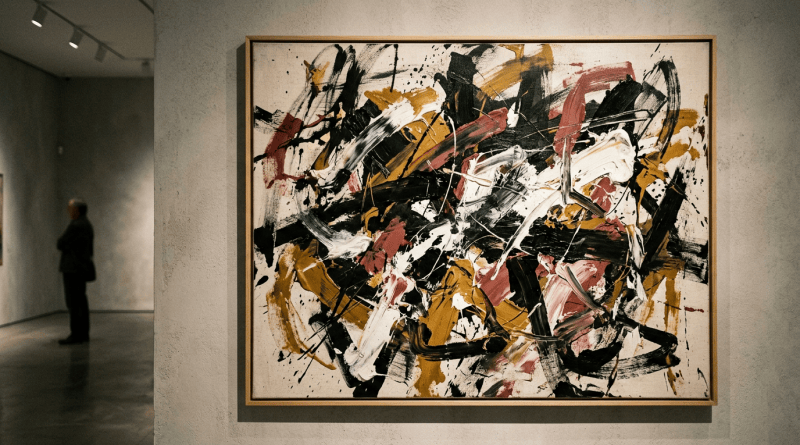 Large abstract painting with black, white, ochre, and red brushstrokes in a gallery