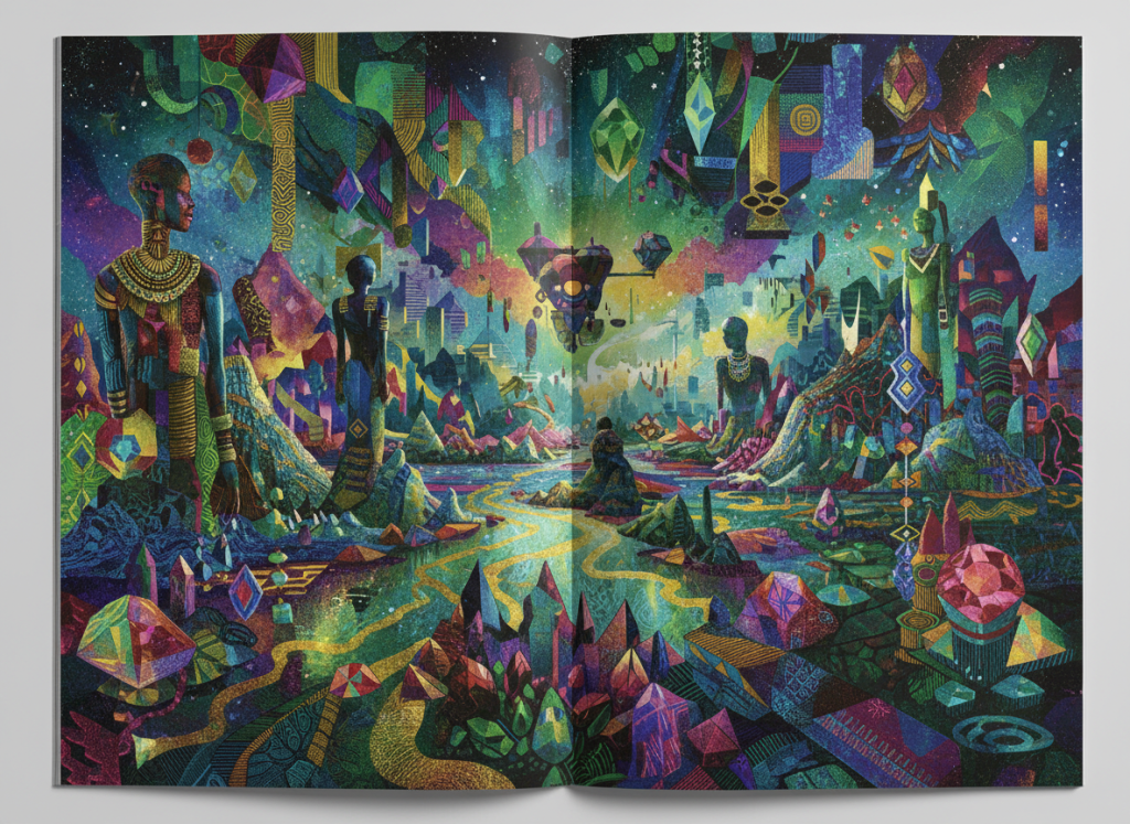 Layered surreal digital collage in saturated color with abstract figures and gemstone motifs